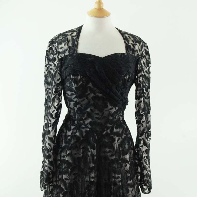 close up of 50s Black Lack Evening Dress