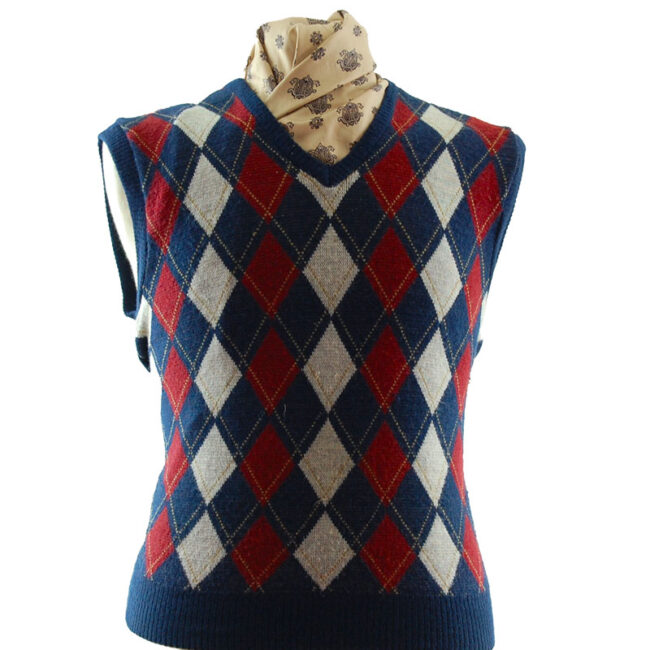 close up of Mens Argyle Check Vintage Vest