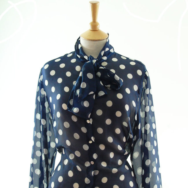 close up front of side of Polka Dot Pussy Bow Blouse