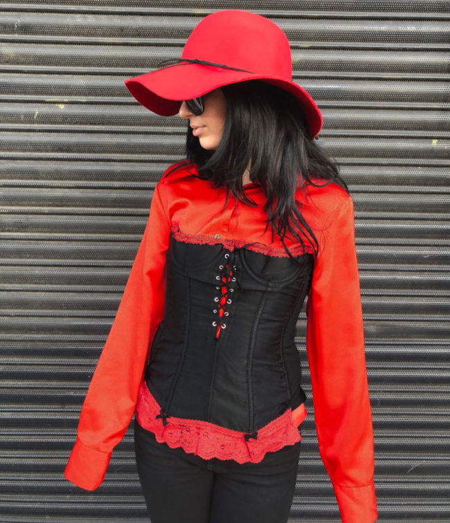 close up of Vintage Black And Red Lace Bustier