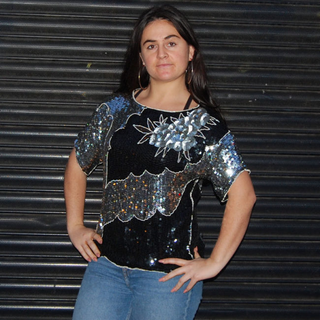 90s Silver And Black Sequined Top