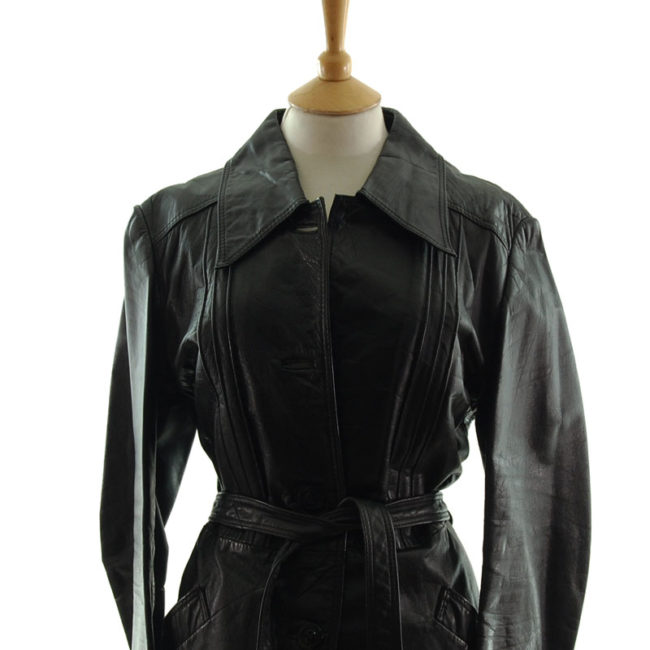 close up of 70s Vintage Jet Black Leather Jacket