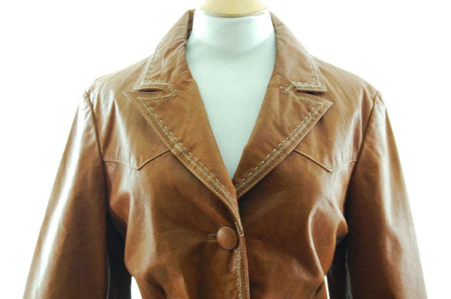 close up of Vintage Tan Leather Womens Jacket