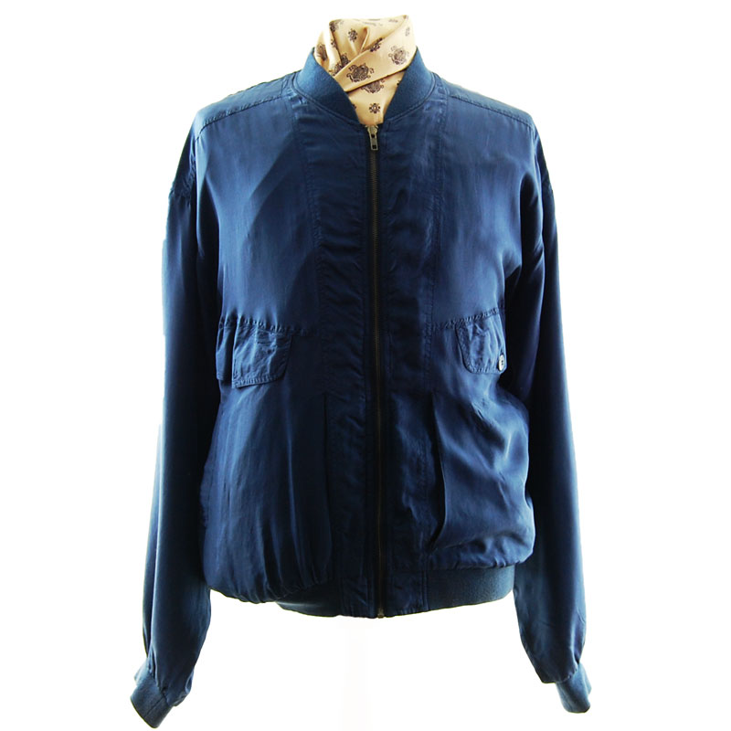 Navy Blue Silk Bomber Jacket UK M Blue 17 Vintage Clothing