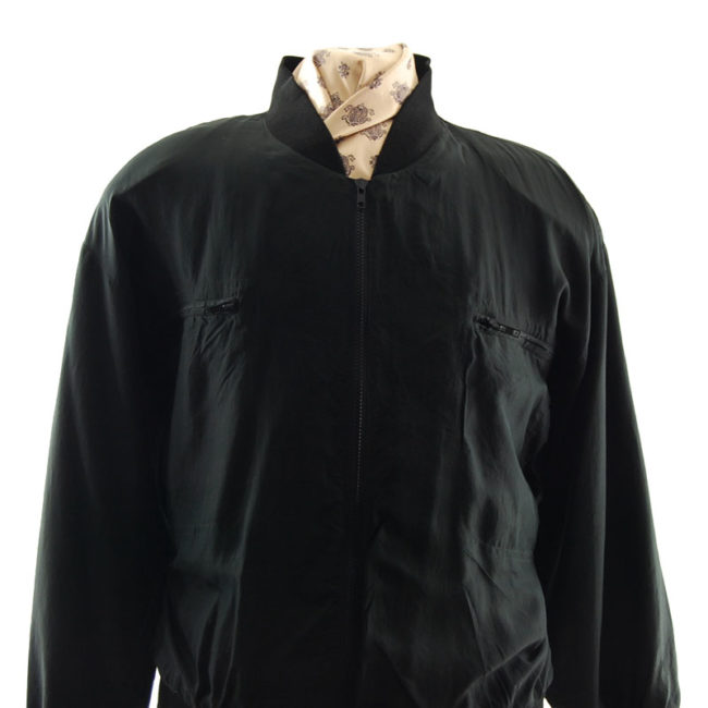 close up of Black Silk Bomber Jacket