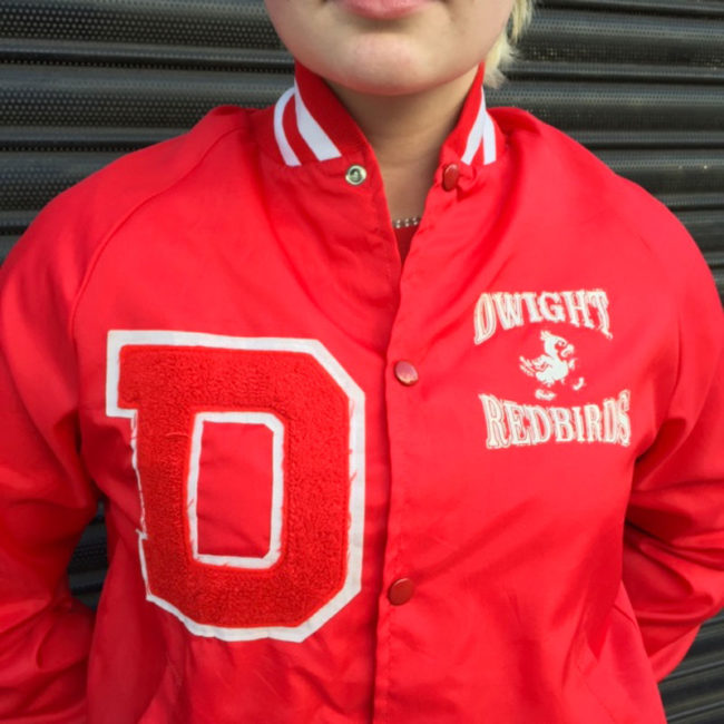 close up of Dwight Red Birds Baseball Jacket