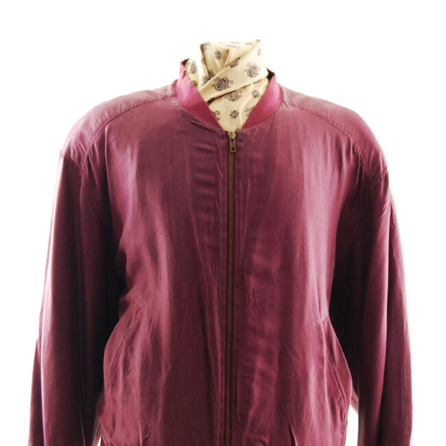 close up of Mens Burgundy Silk Bomber Jacket