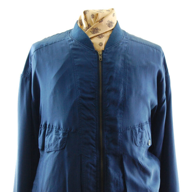 close up of Navy Blue Silk Bomber Jacket