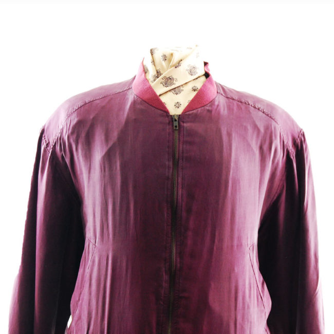 close up of Noble Silk Deep Red Bomber Jacket