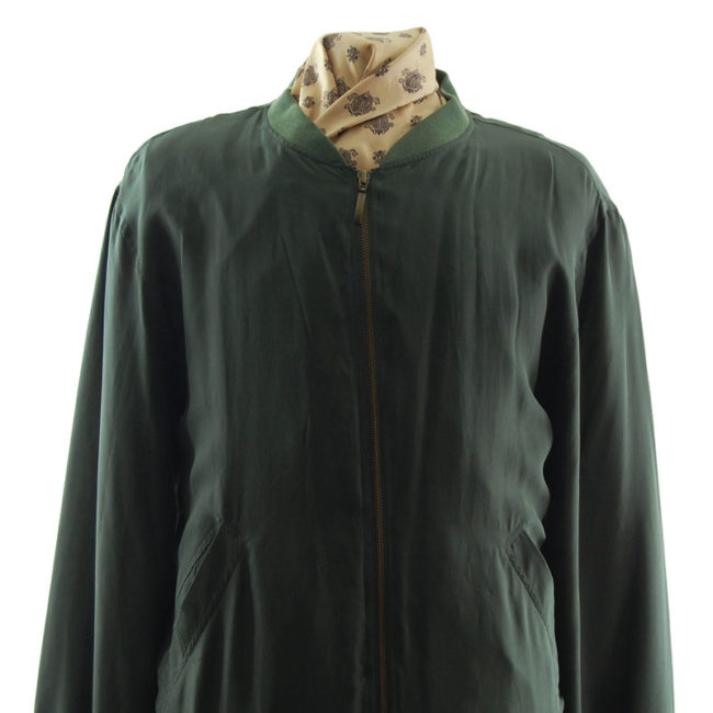 close up of Pure Silk Green Bomber Jacket