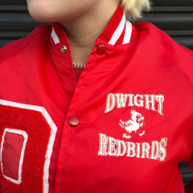 front of Dwight Red Birds Baseball Jacket