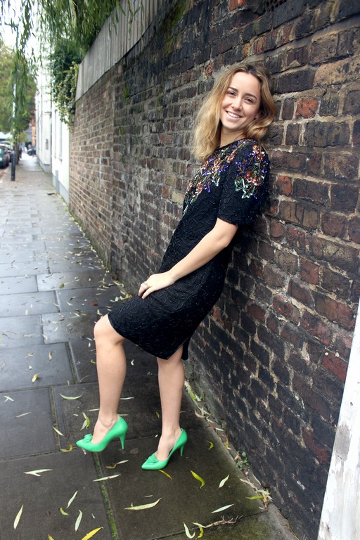 Green stilettos and 80s black sequin dress Green stilettos and 80s black sequin dress