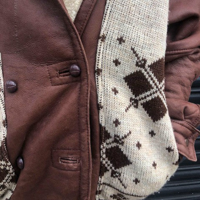close up of 70s Vintage Oversized Brown Leather Jacket