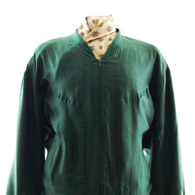 close up of Forest Green Silk Bomber Jacket