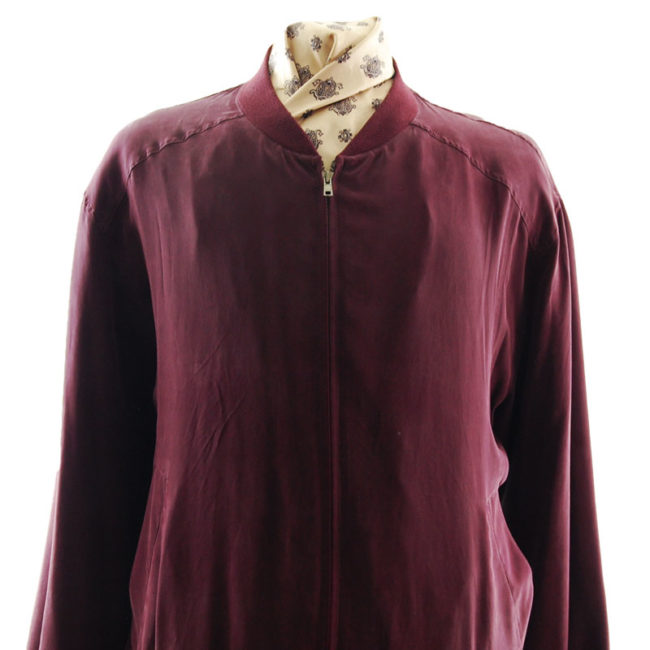 close up of Wine Red Silk Bomber Jacket