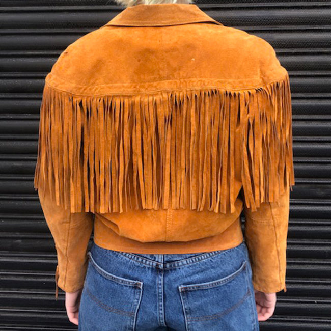 back of 90s Orange Suede Fringed Jacket