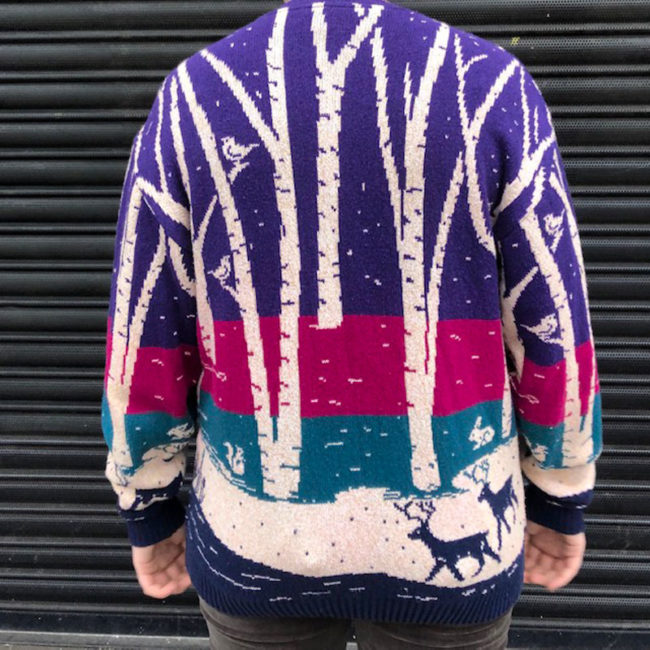 back of 80s Christmas Woodland Design Cardigan