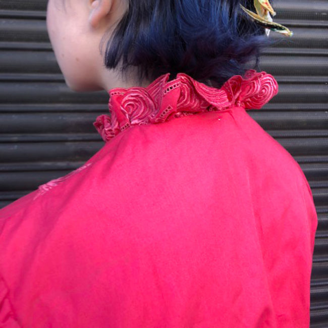 back of 80s Magenta Ruffle Blouse