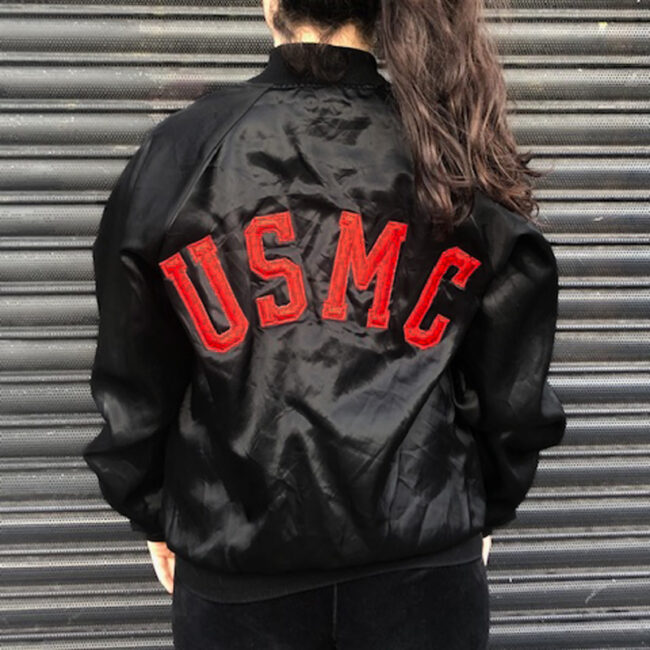 back of Black Satin Baseball Jacket