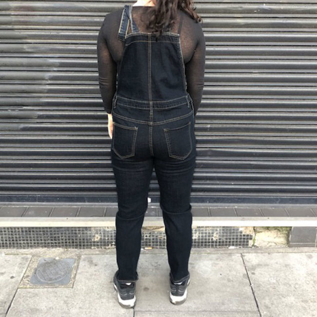 back of Dark Denim Skinny Jean Dungarees