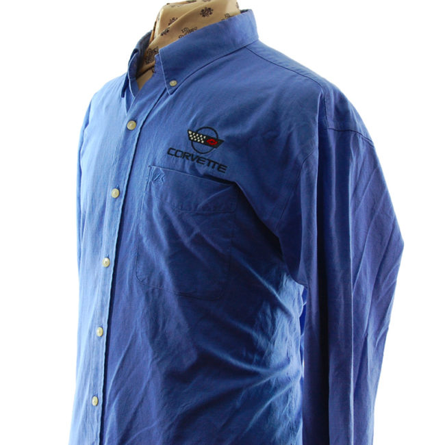 close side of Blue Corvette Work Shirt