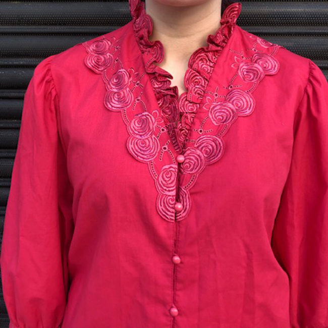 close up of 80s Magenta Ruffle Blouse