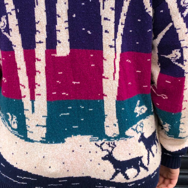 detailing of 80s Christmas Woodland Design Cardigan