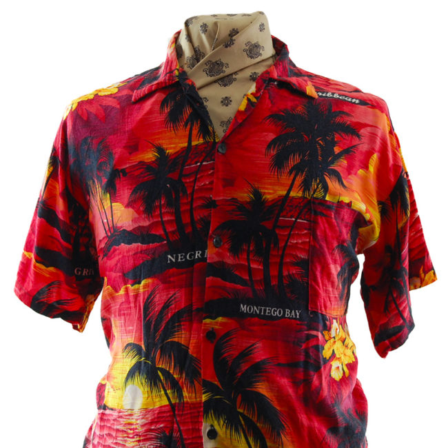 close up of front of red Sun-Set Hawaiian Shirt