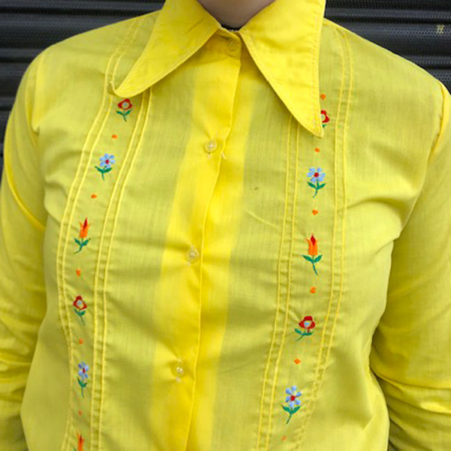 close up of 70s Yellow Floral Embroidery Shirt