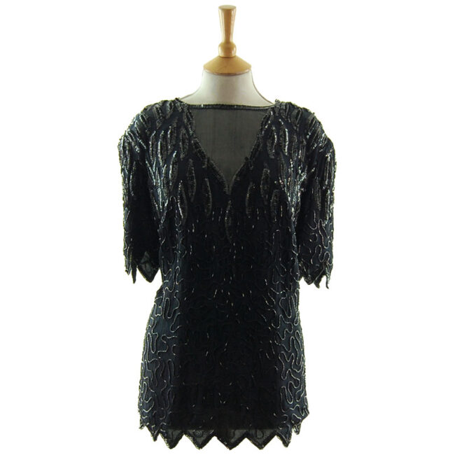 90s Black Chiffon Beaded Top