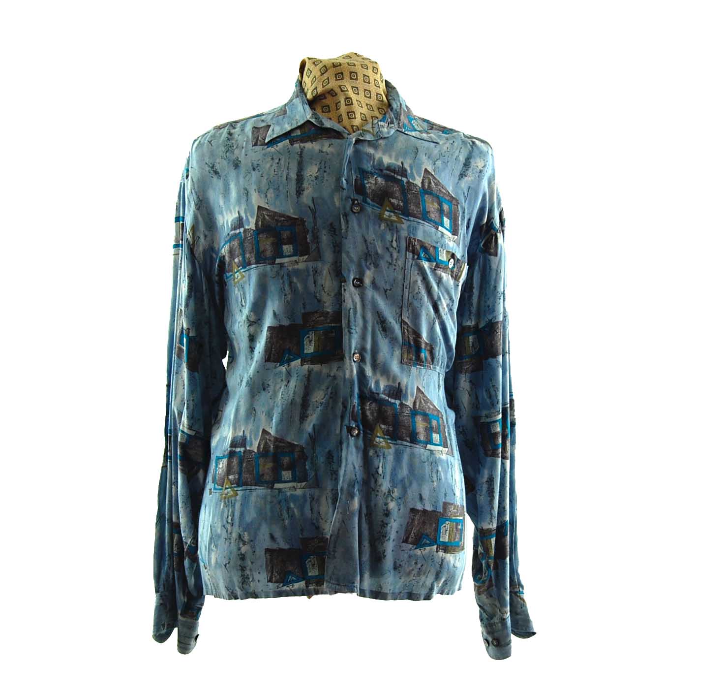 Western Outback Print Shirt - UK L - Blue 17 Vintage Clothing