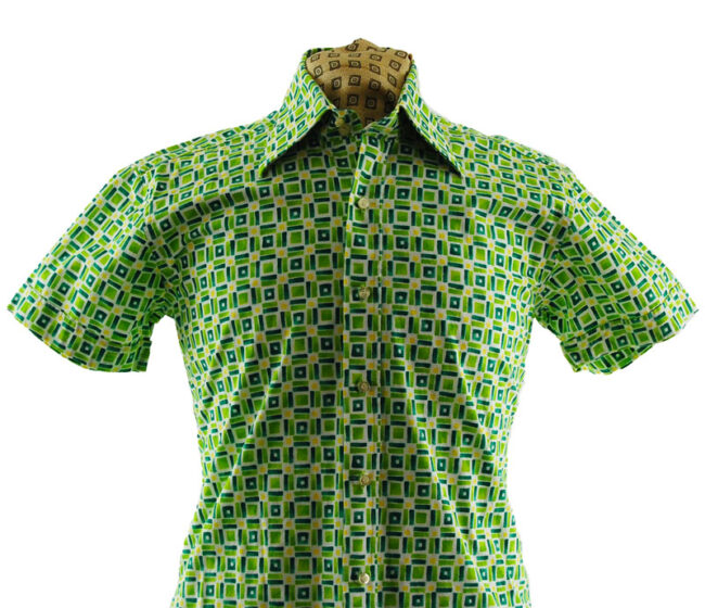 close up of 70s Lime Green Patterned Shirt