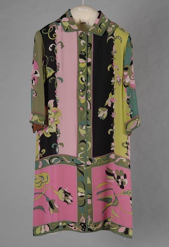 1960s Fashion - Emilio Pucci bright coloured, patterned silk dress in pink, black and green, 1965 1960s Fashion - Emilio Pucci bright coloured, patterned silk dress in pink, black and green, 1965