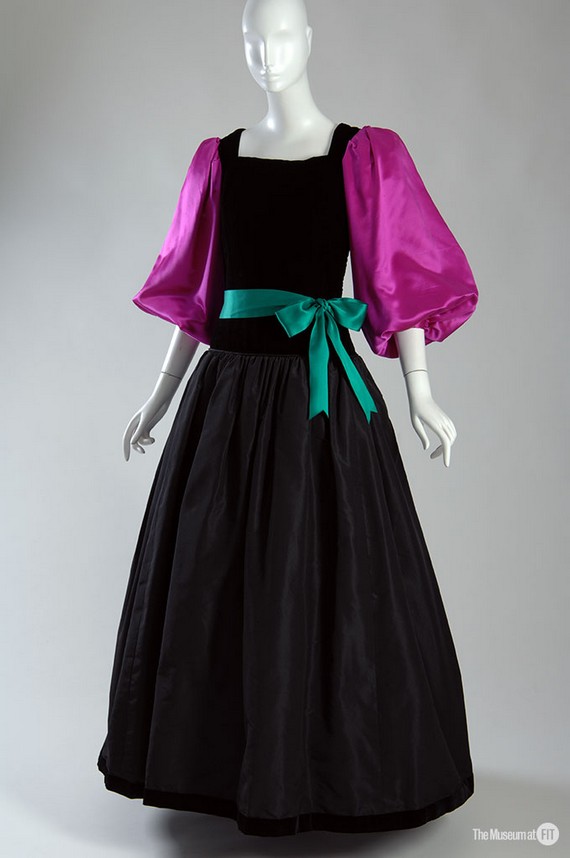 Black, fuchsia and teal satin, velvet, and taffeta Yves Saint Laurent evening dress, 1976 Black, fuchsia and teal satin, velvet, and taffeta Yves Saint Laurent evening dress, 1976