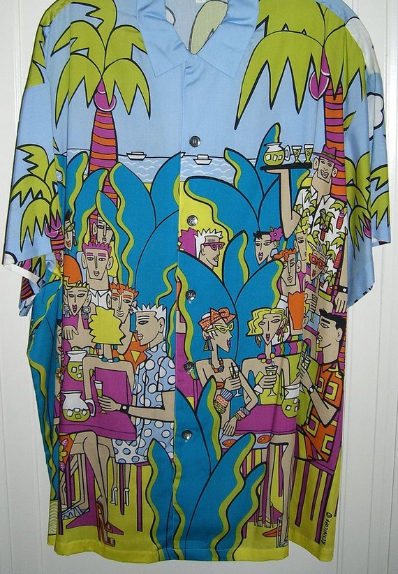 Tropical, novelty print 80s Shirt by Joel Resnicoff, shortly before his death for Esprit clothing, 1986 Tropical, novelty print 80s Shirt by Joel Resnicoff, shortly before his death for Esprit clothing, 1986