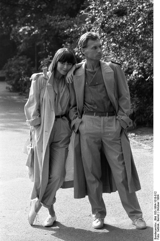 1980s fashion - His n'hers 80s trenchcoats, 1984 1980s fashion - His n'hers 80s trenchcoats, 1984