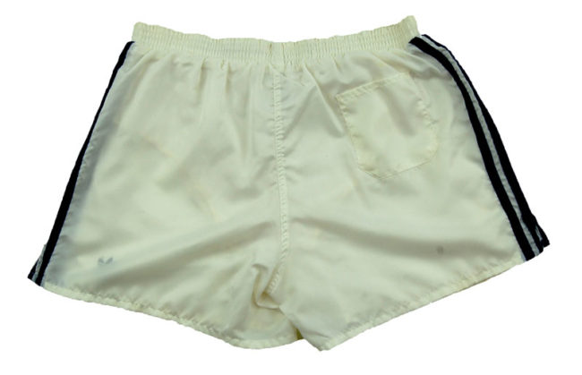 back of 90s Adidas Satin White Sport Shorts