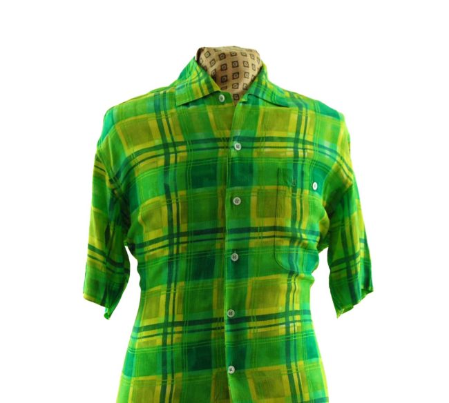 close up of 80s Vibrant Green Plaid Shirt