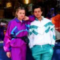 Left, Purple shell suit with turquoise detail. Right, contrasting white and turquoise shell suit