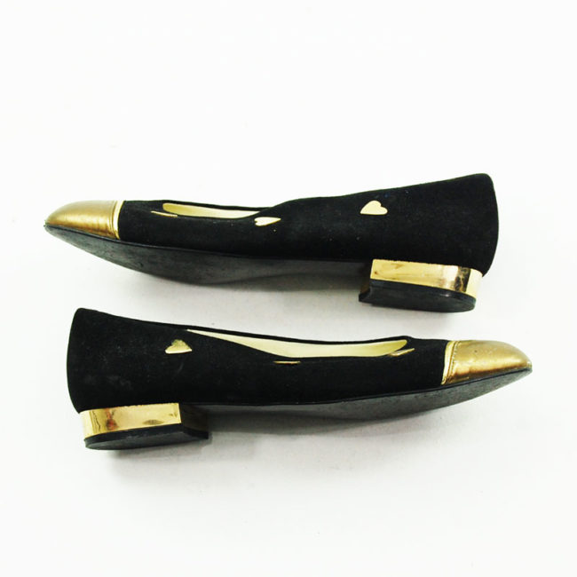 Side view of 80s Black Suede Pumps With Gold Toecaps,