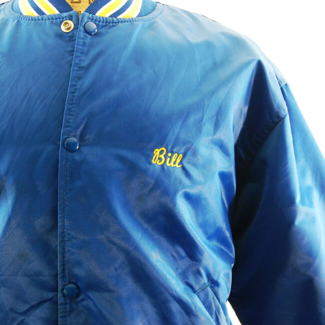 close up of Blue Satin Baseball Jacket