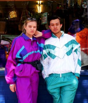 Left, Purple shell suit with turquoise detail. Right, contrasting white and turquoise shell suit
