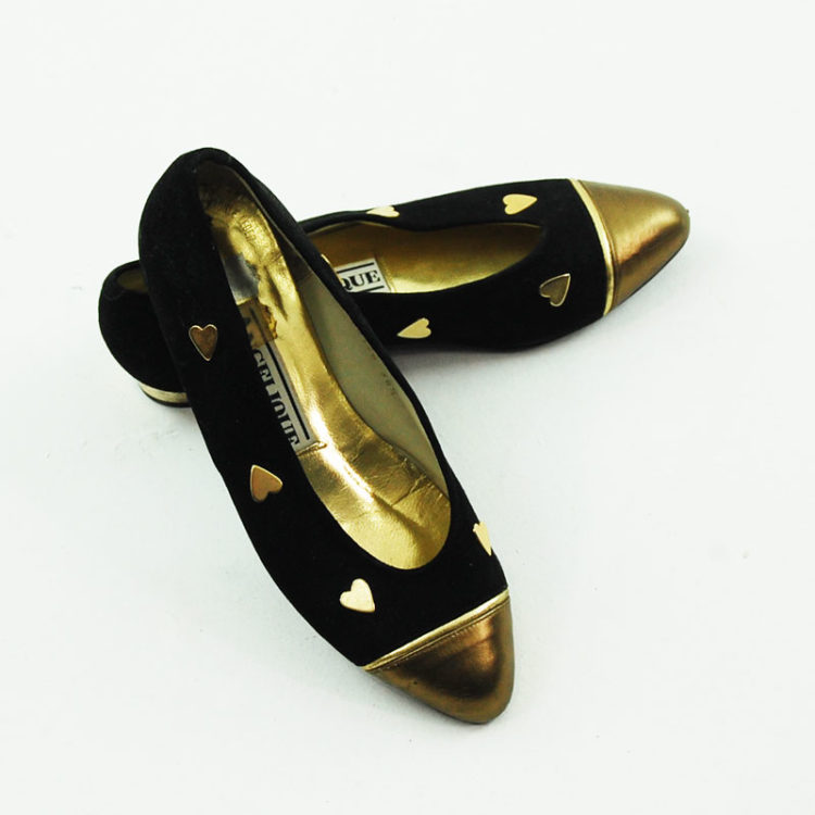 80s Black Suede Pumps With Gold Toecaps, birds eye view