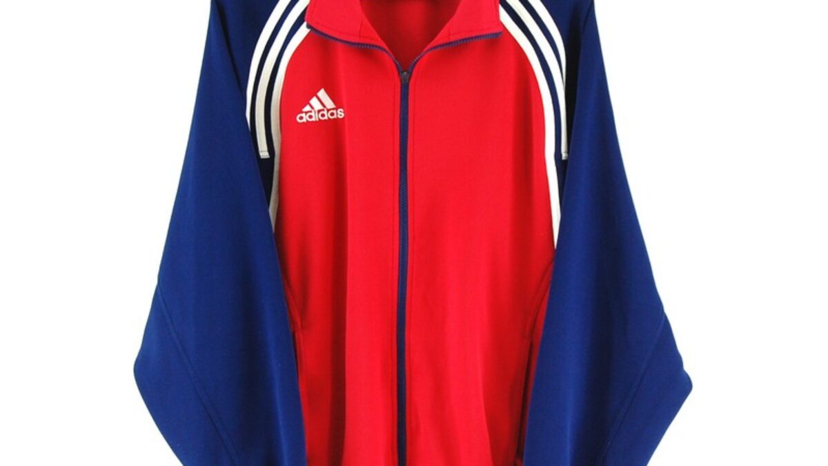 Adidas jacket red white hot sale blue