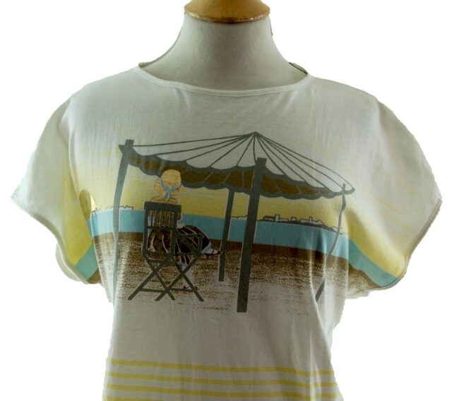 Front close up of Womens Beach Scene 80s Striped T Shirt