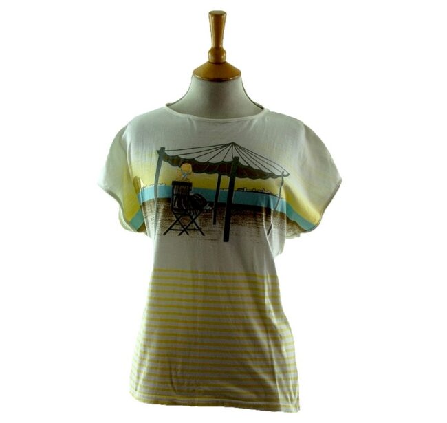 Womens Beach Scene 80s Striped T Shirt