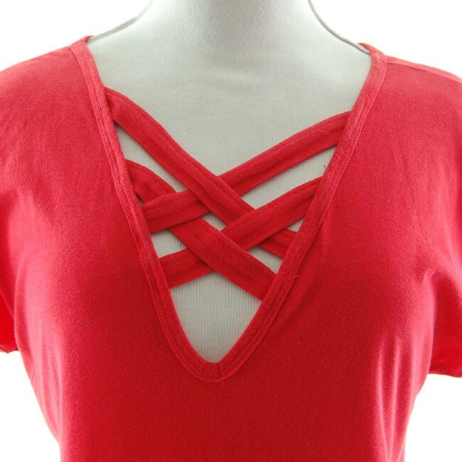 Close up front of Womens latticed Red 80s T Shirt