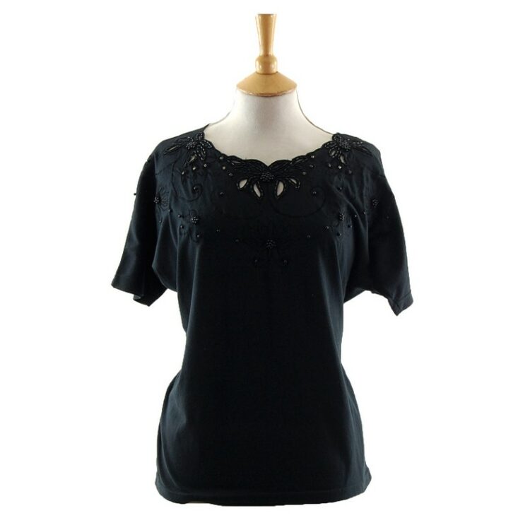 Elegant Womens Black Beaded 80s T Shirt
