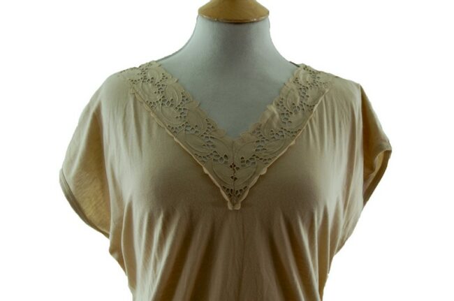 Front close up of Womens V Neck Lace Trim 80s Tee Shirt