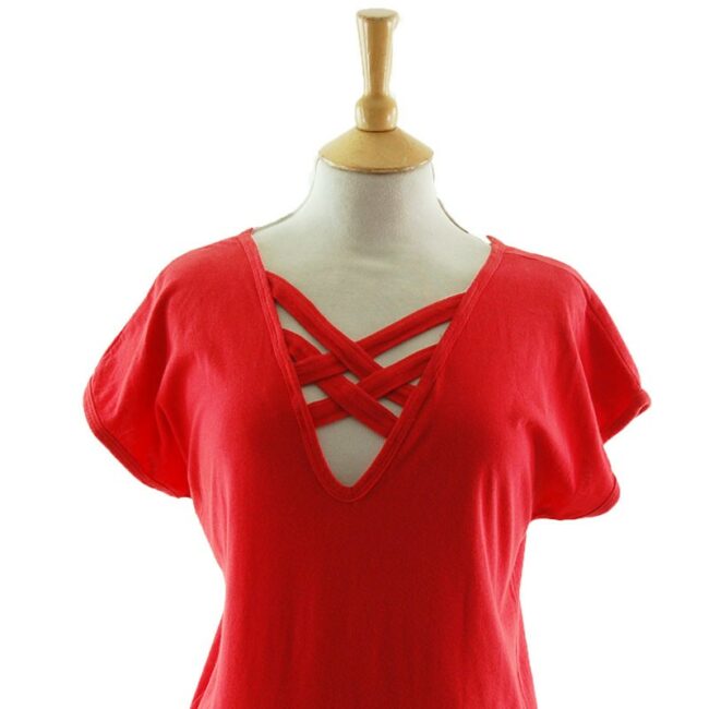 Front top of Womens latticed Red 80s T Shirt